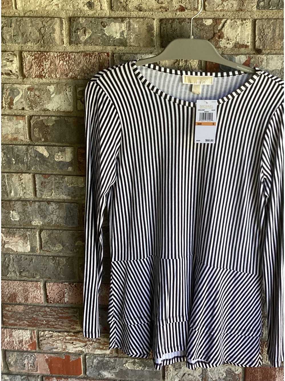 Michael Kors Black & White Vertical Stripe Top with Gold Logo